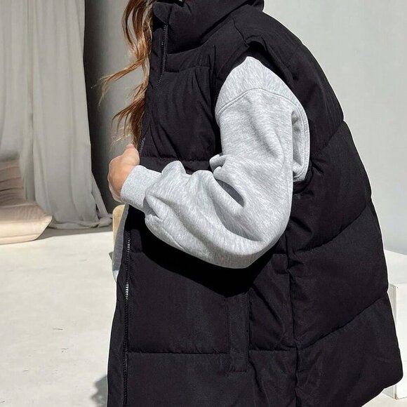 Black Casual Women's Stand Collar  Sleeveless Quilted puffer Vest Jacket - Picture 4 of 5